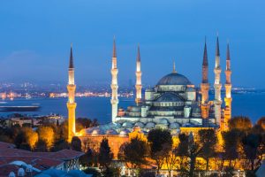 Aerial view of Blue Mosque in Istanbul at night