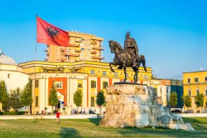 Skanderbeg square with flag, Skanderbeg monument and The Et'hem